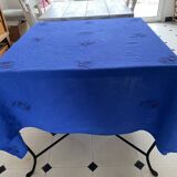 Vintage hand-embroidered tablecloth, floral patterns - Ocean blue - Linen - 160x155 cm