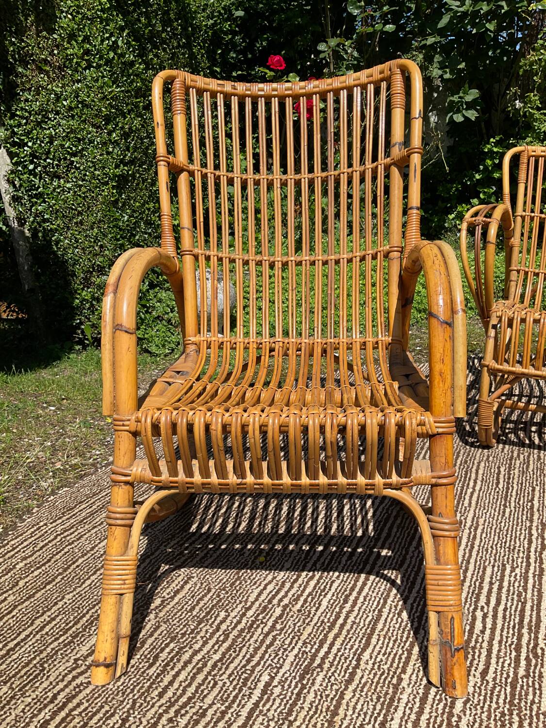 Vintage rattan lounge bench and 2 armchairs