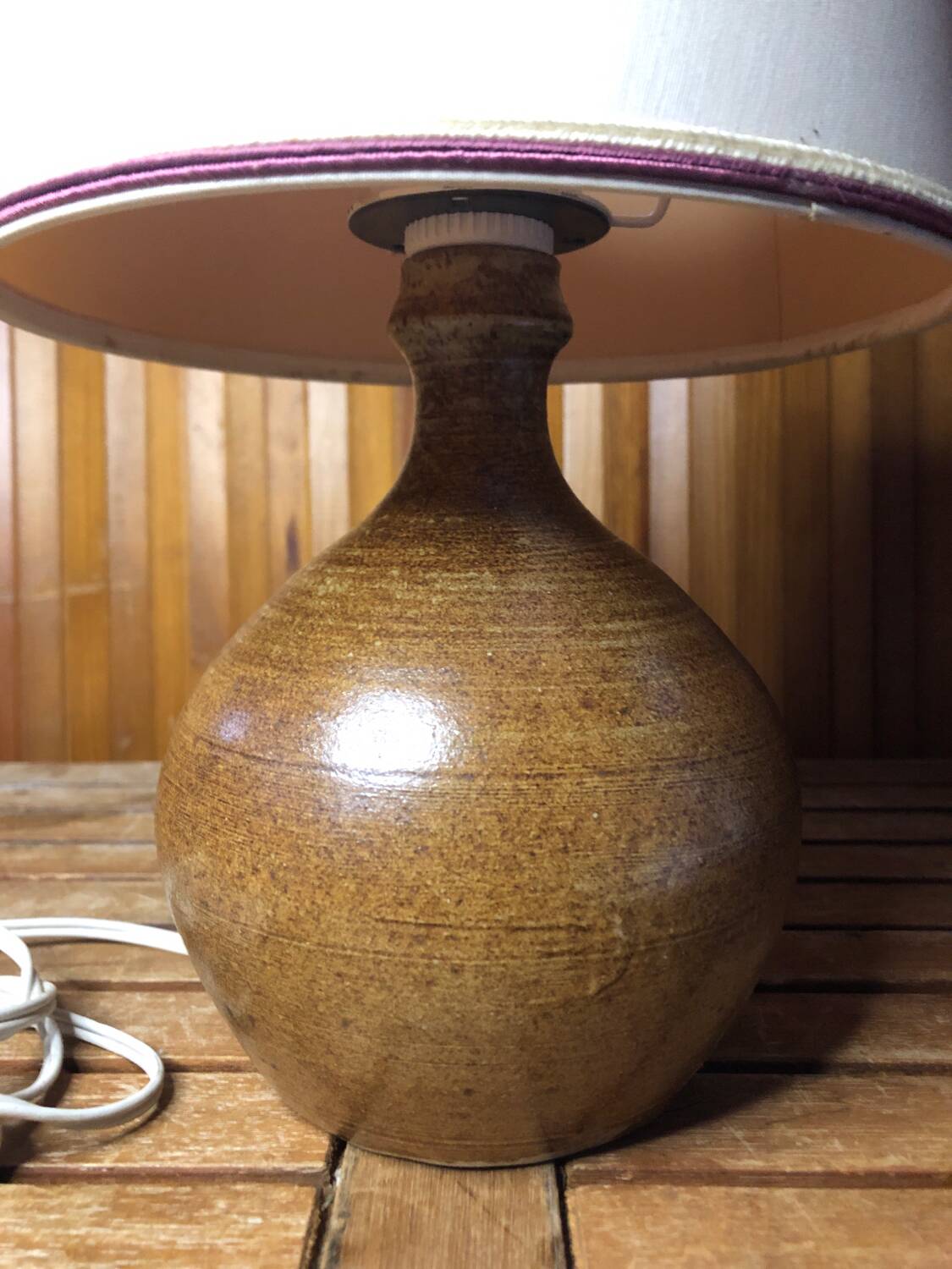 Ancienne lampe boule en grès + abat-jour blanc vintage #a549