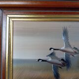 Oil on canvas, wooden frame, flight of ducks, nature, signed C. Walker