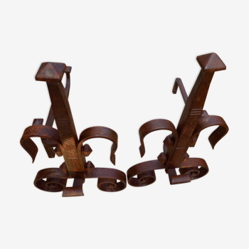 Pair of old wrought iron chenets