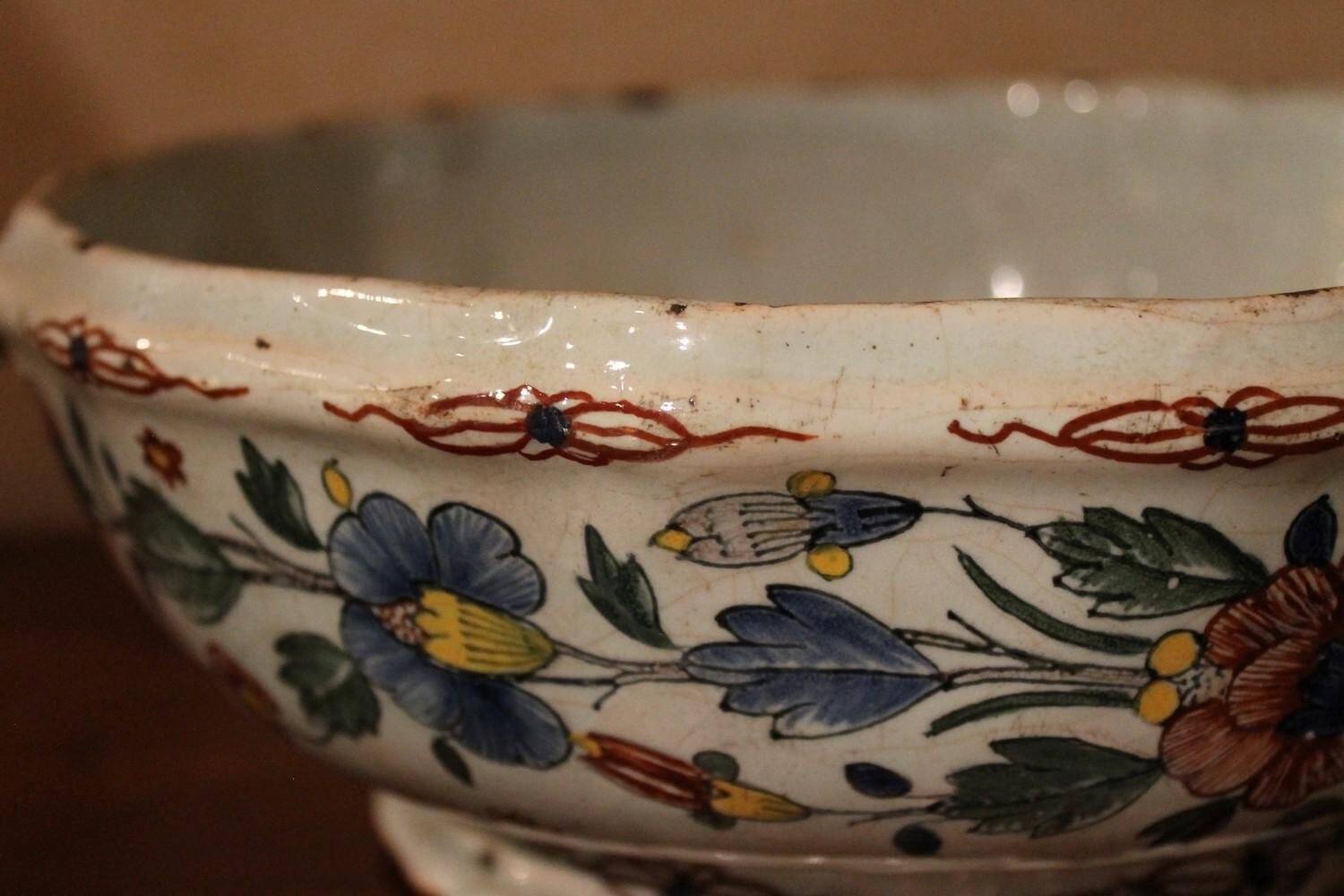 Antique French Faience Lidded Bowl Tureen Hand Painted with Flowers and Insects