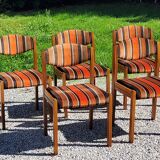 Set of 5 70s designer chairs in beech and orange and brown velvet Self éditeur