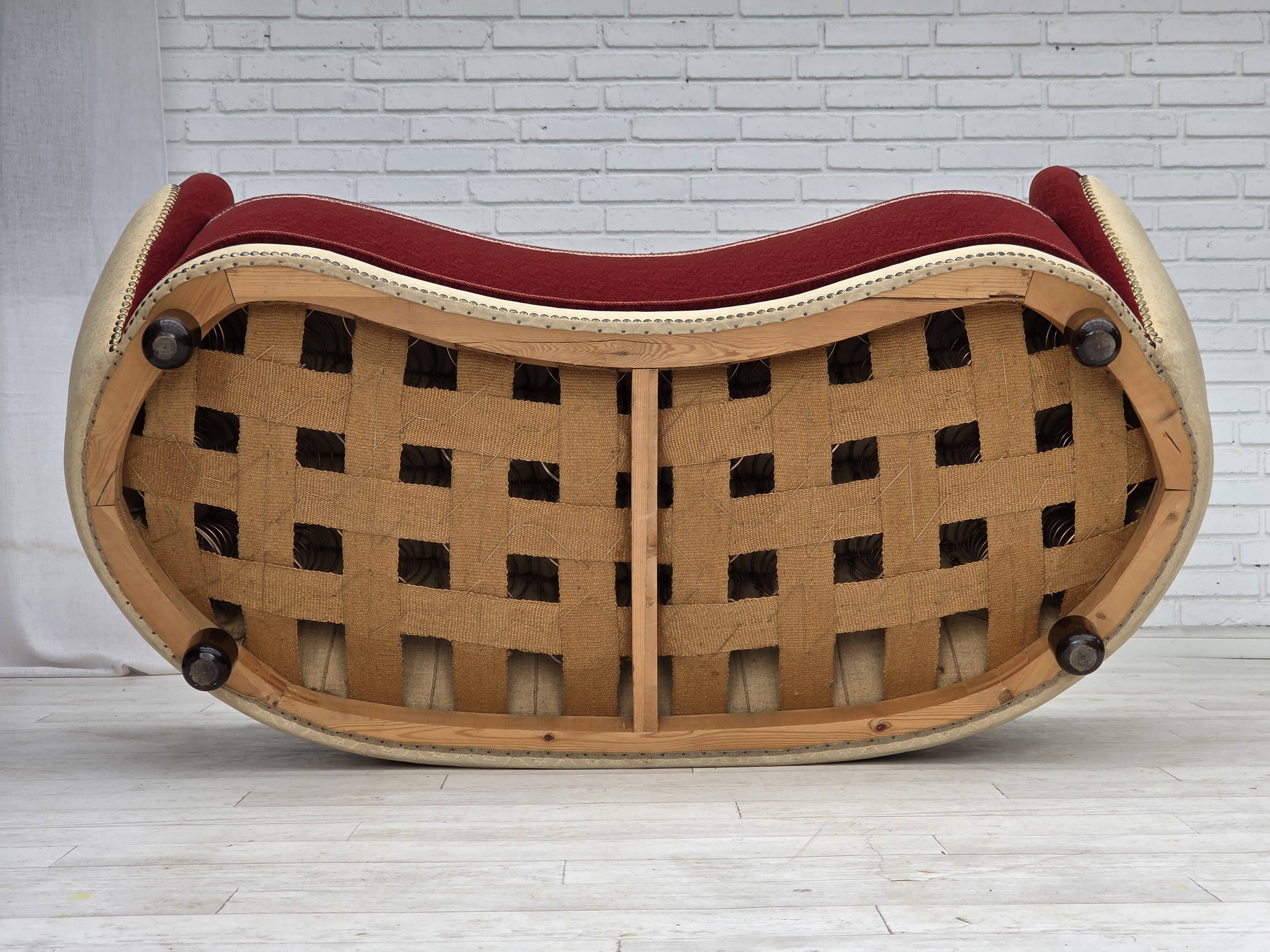 1960s, Danish curved 2-seater sofa, red/beige furniture wool fabric.
