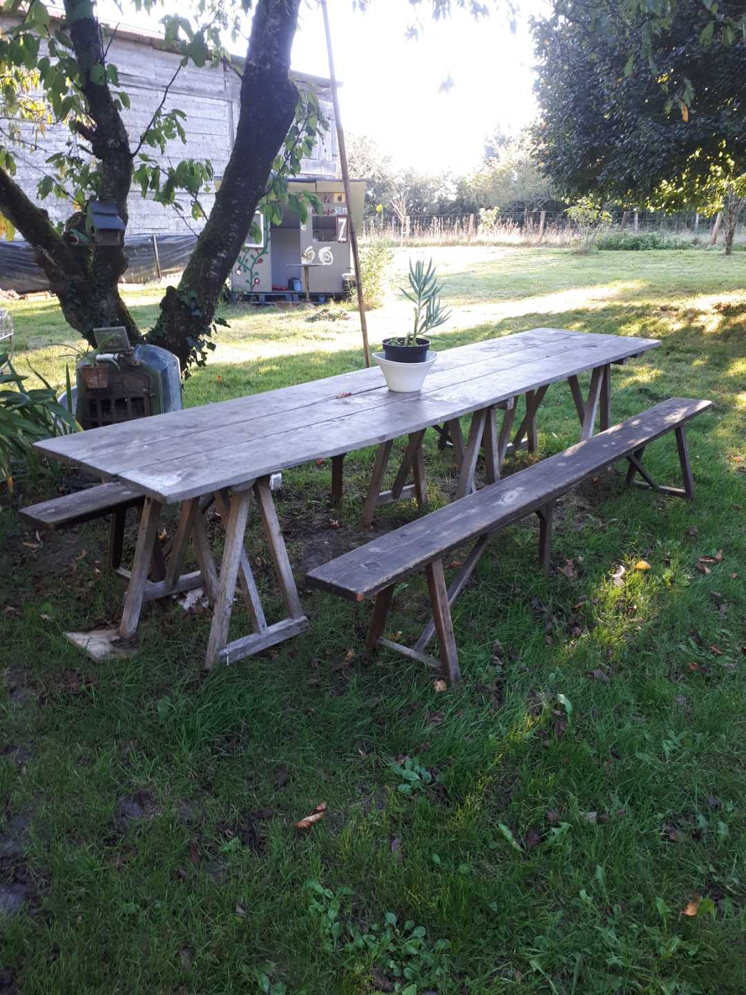 Vintage Guinguette table set with 2 benches