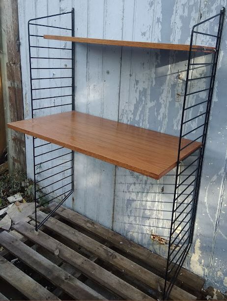 Vintage modular desk shelf in Teak veneer and black metal, Nisse Strinning, 60s