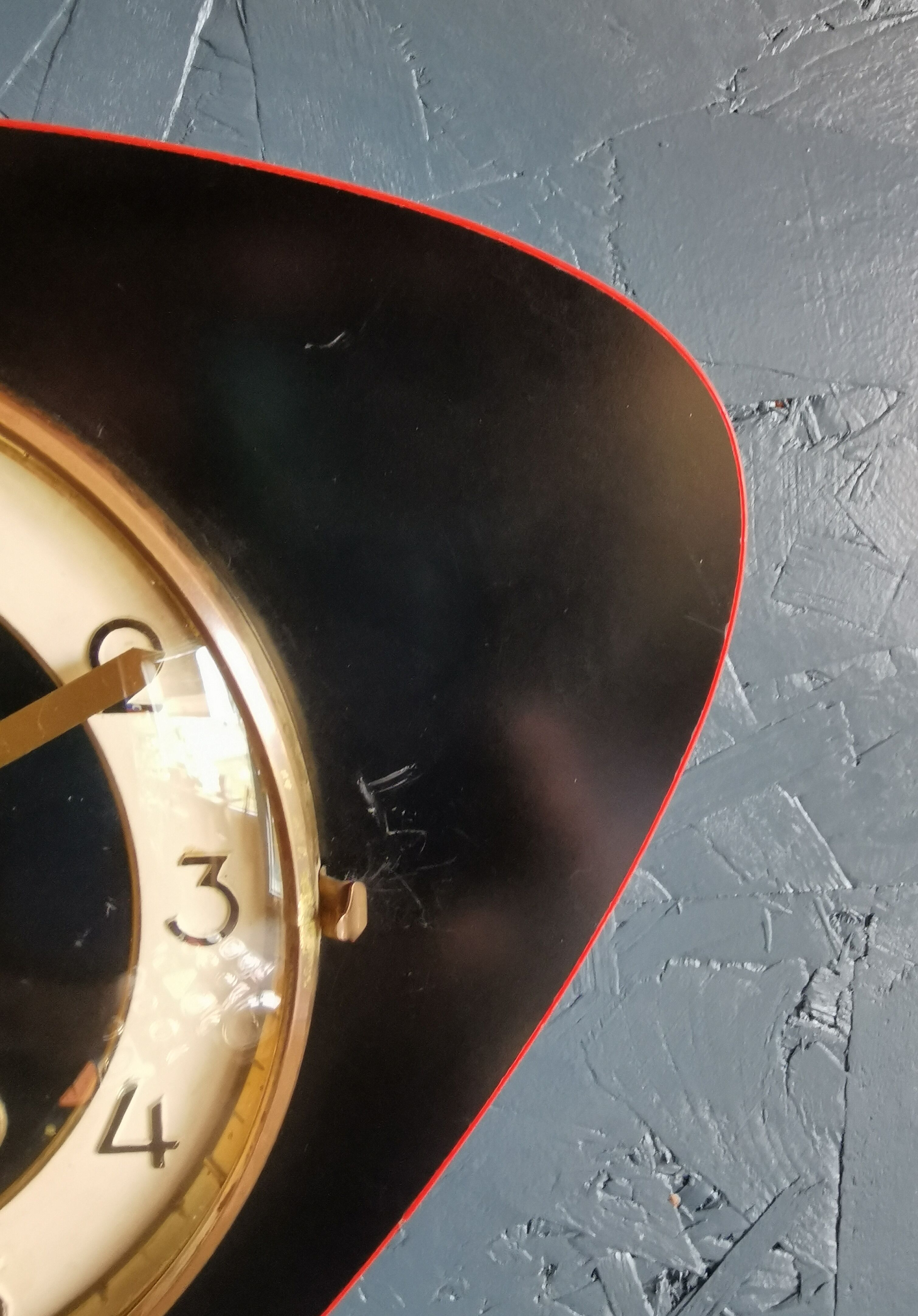 Vintage formica clock silent wall clock asymmetrical "FFR black red"