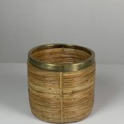 Set of 5 rattan pencil reed and brass plant holder baskets, Italy 1970s