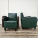 Pair of Art Decò armchairs in walnut and green leather, 1940