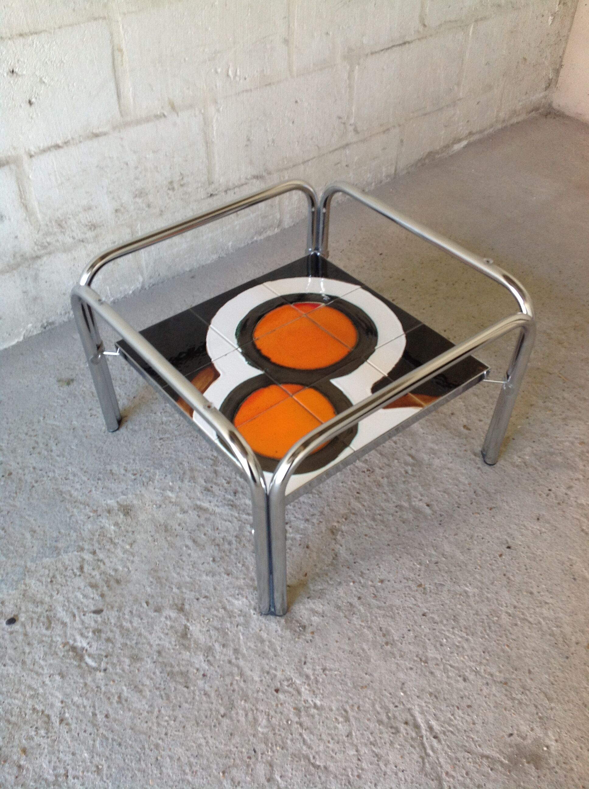 Table basse vintage verre fumé, céramique années 70