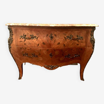 Curved Louis XV style chest of drawers in 20th century flower marquetry