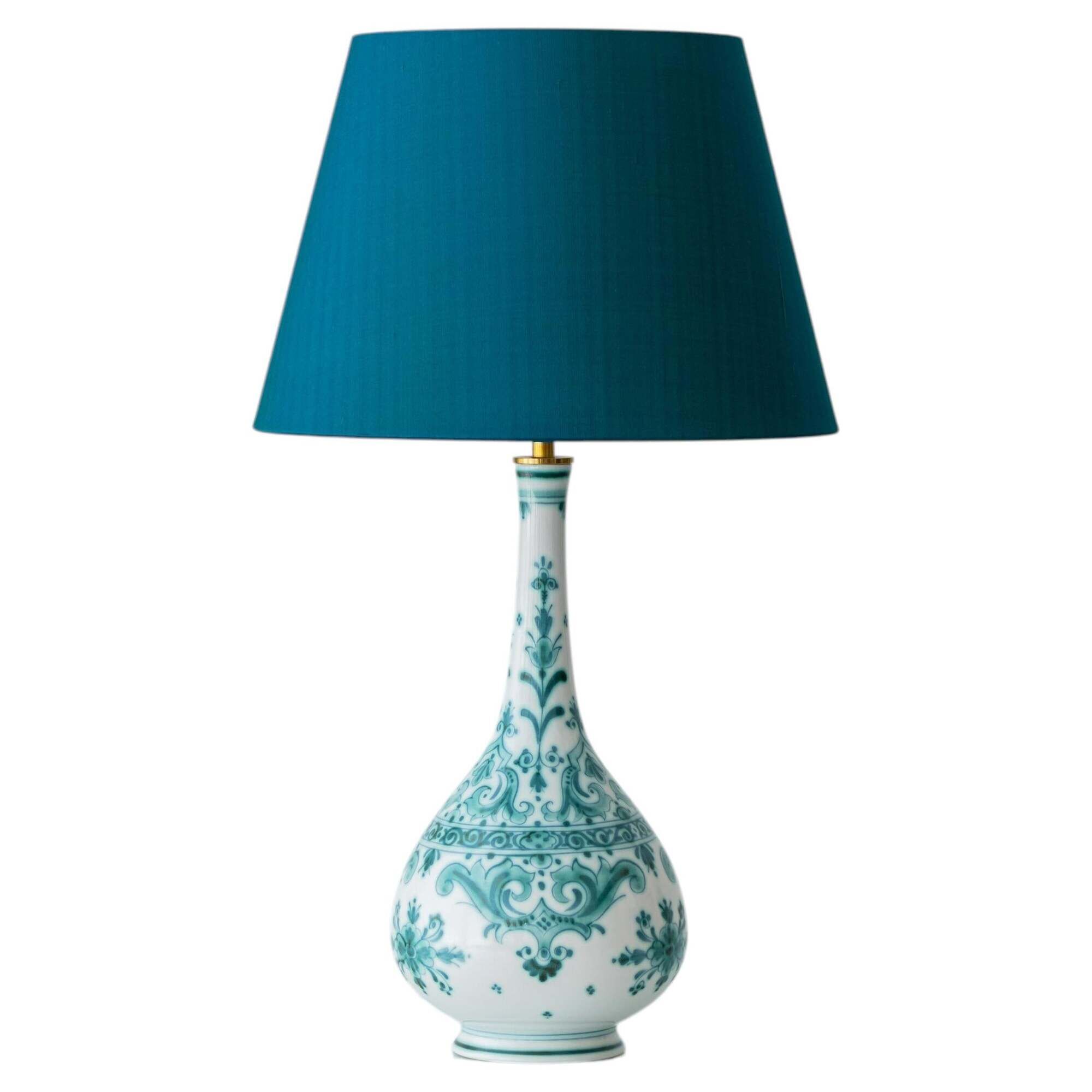 Vintage Royal Delft Ceramic Table Lamp, Rare Teal Delvert Glaze, New Lampshade
