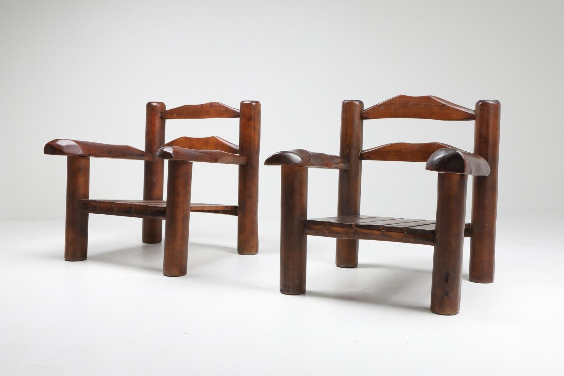 Pair of rustic wooden Wabi Sabi lounge chairs - 1950s