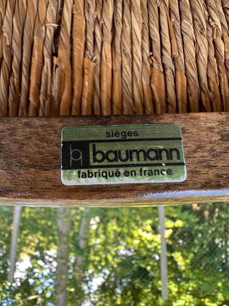 Set of 4 vintage BAUMANN chairs in oak and straw – Authentic