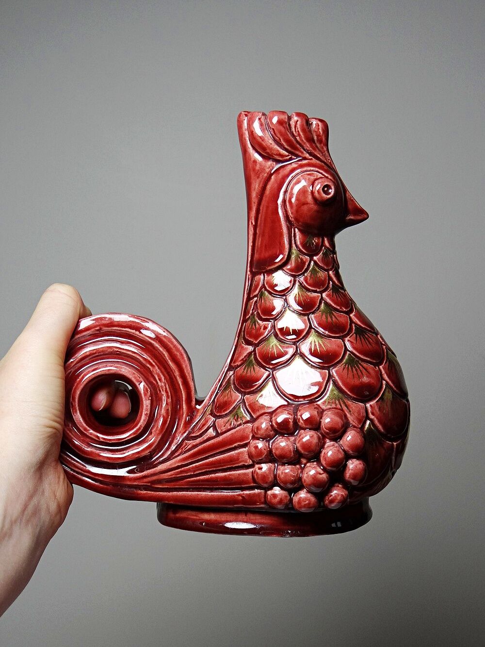 Pair of ceramic glazed candlesticks in the shape of roosters, signed A.G Roger, year 1948.