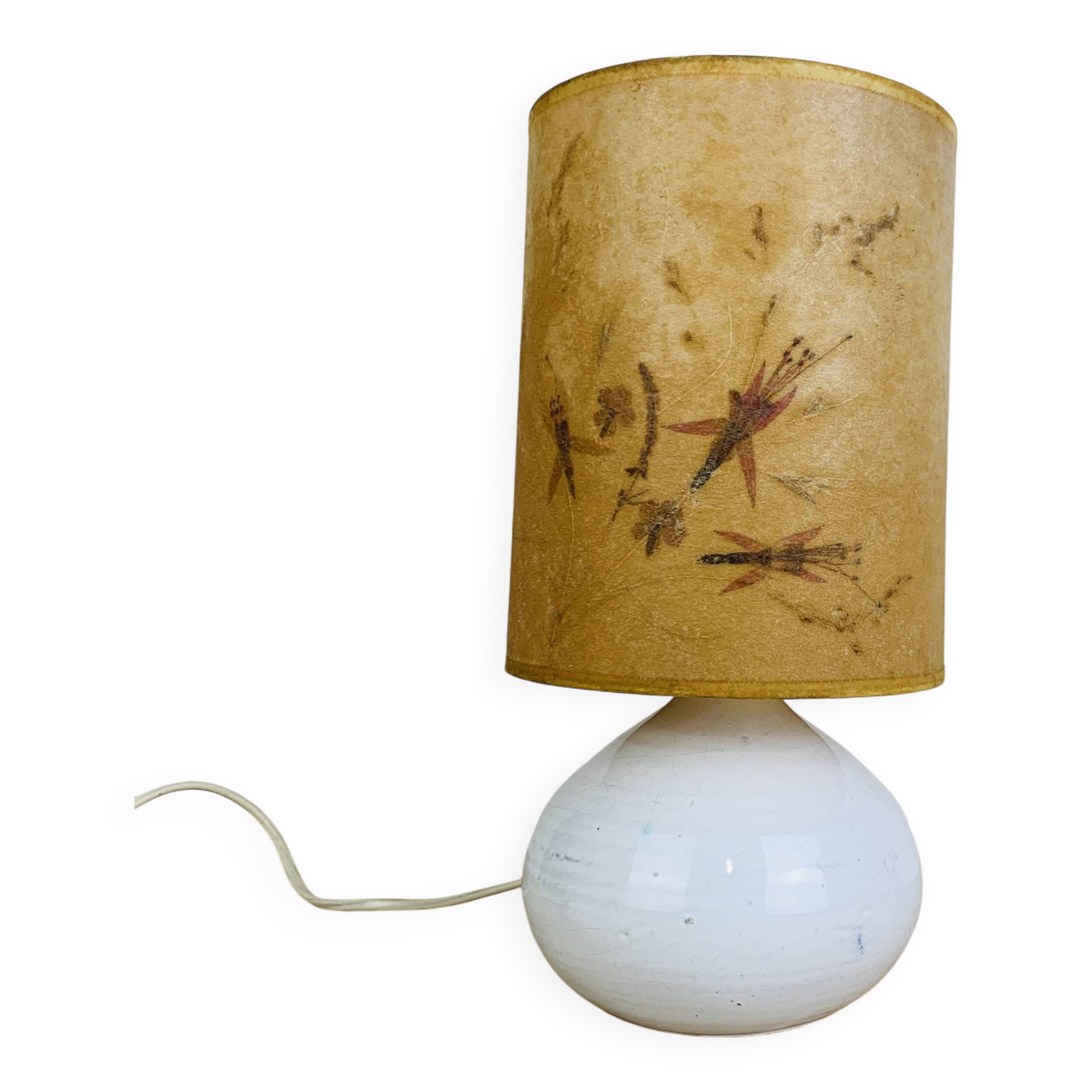 Vintage white ceramic fig lamp, dried flowers, 70s