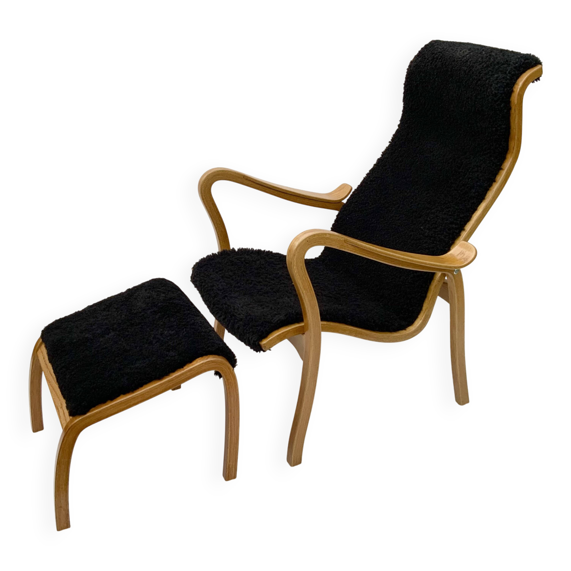 Vintage G.A. Berg “Torparen” Armchair, Oak, Black Sheepskin, Ottoman, 1960s
