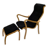Vintage G.A. Berg “Torparen” Armchair, Oak, Black Sheepskin, Ottoman, 1960s