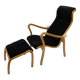Fauteuil vintage GA Berg « Torparen », chêne, peau de mouton noire, ottoman, années 1960