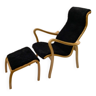 Vintage G.A. Berg “Torparen” Armchair, Oak, Black Sheepskin, Ottoman, 1960s