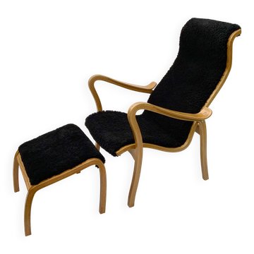 Vintage G.A. Berg “Torparen” Armchair, Oak, Black Sheepskin, Ottoman, 1960s