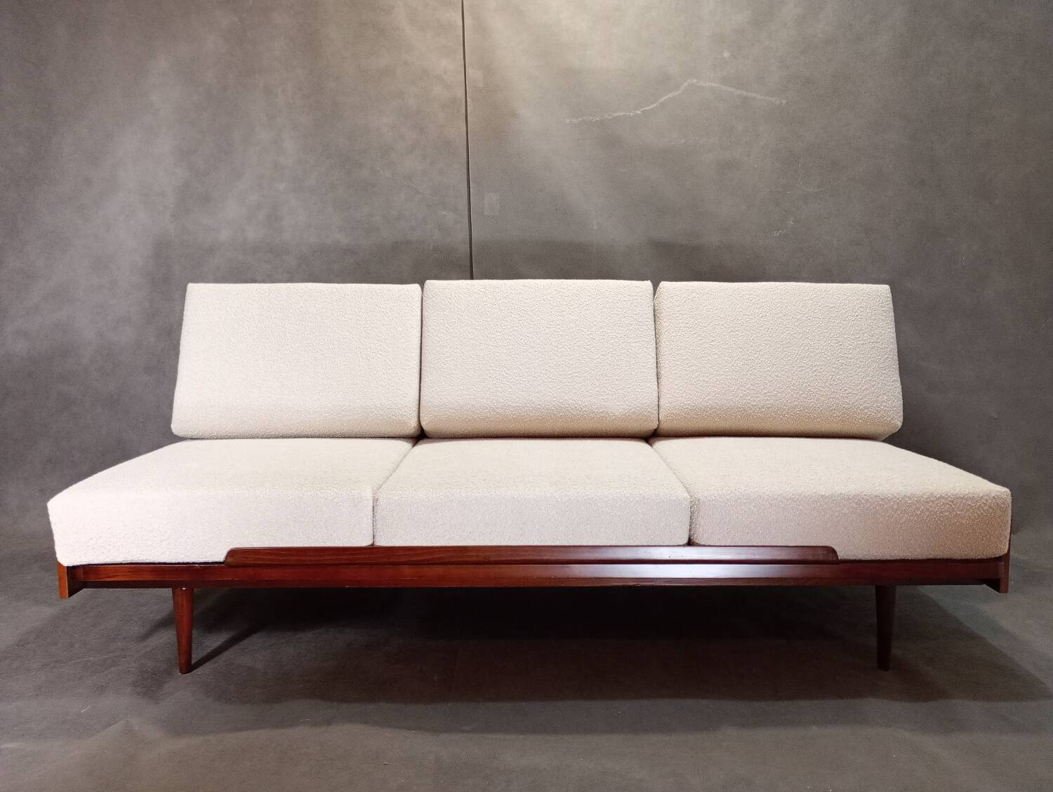 Jitona sobeslav sofa bed in walnut & boucle fabric, vintage czech 1960s
