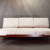 Jitona sobeslav sofa bed in walnut & boucle fabric, vintage czech 1960s