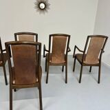 Set of 8 wooden and thick leather armchairs, Girsberger design, 80s