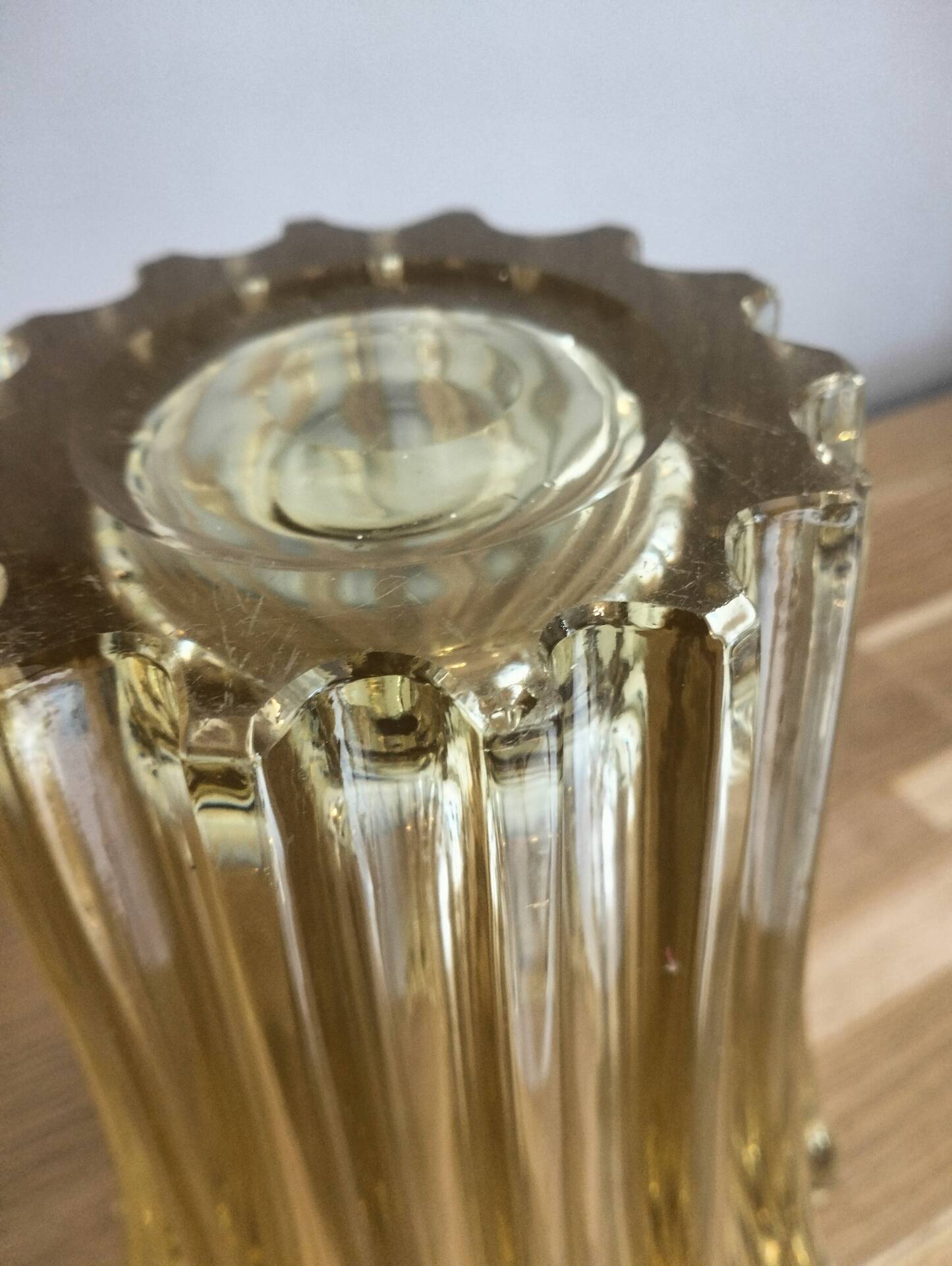 Art Deco vase by Pierre d'Avesn, ribbed amber glass, 1930s