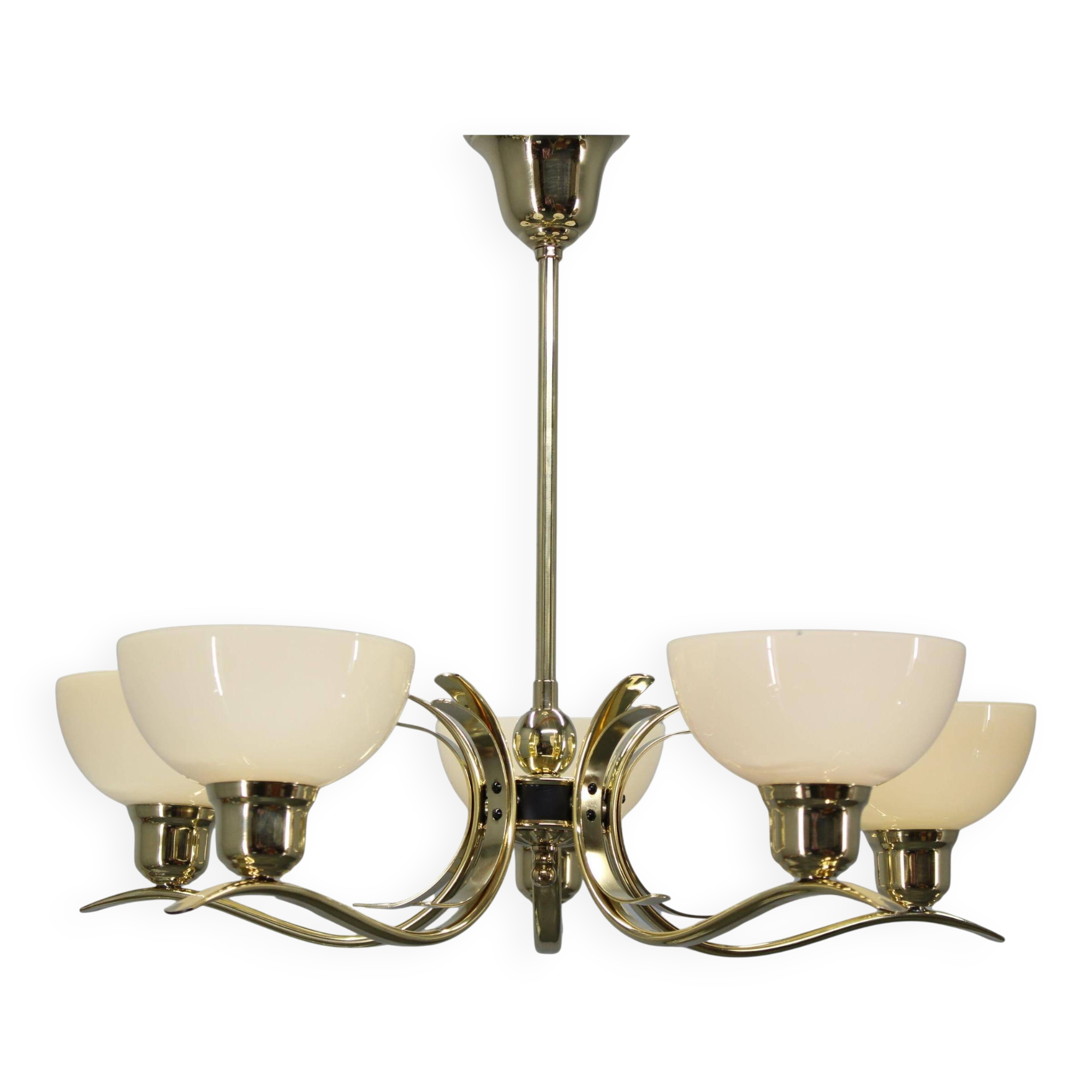 Art Deco brass chandelier with cream opaline glass, Czechoslovakia 1930s