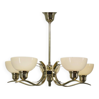 Art Deco brass chandelier with cream opaline glass, Czechoslovakia 1930s