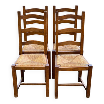 4 dining chairs made of solid wood with straw seats, farmhouse style, medium oak, 1960, 100cm.