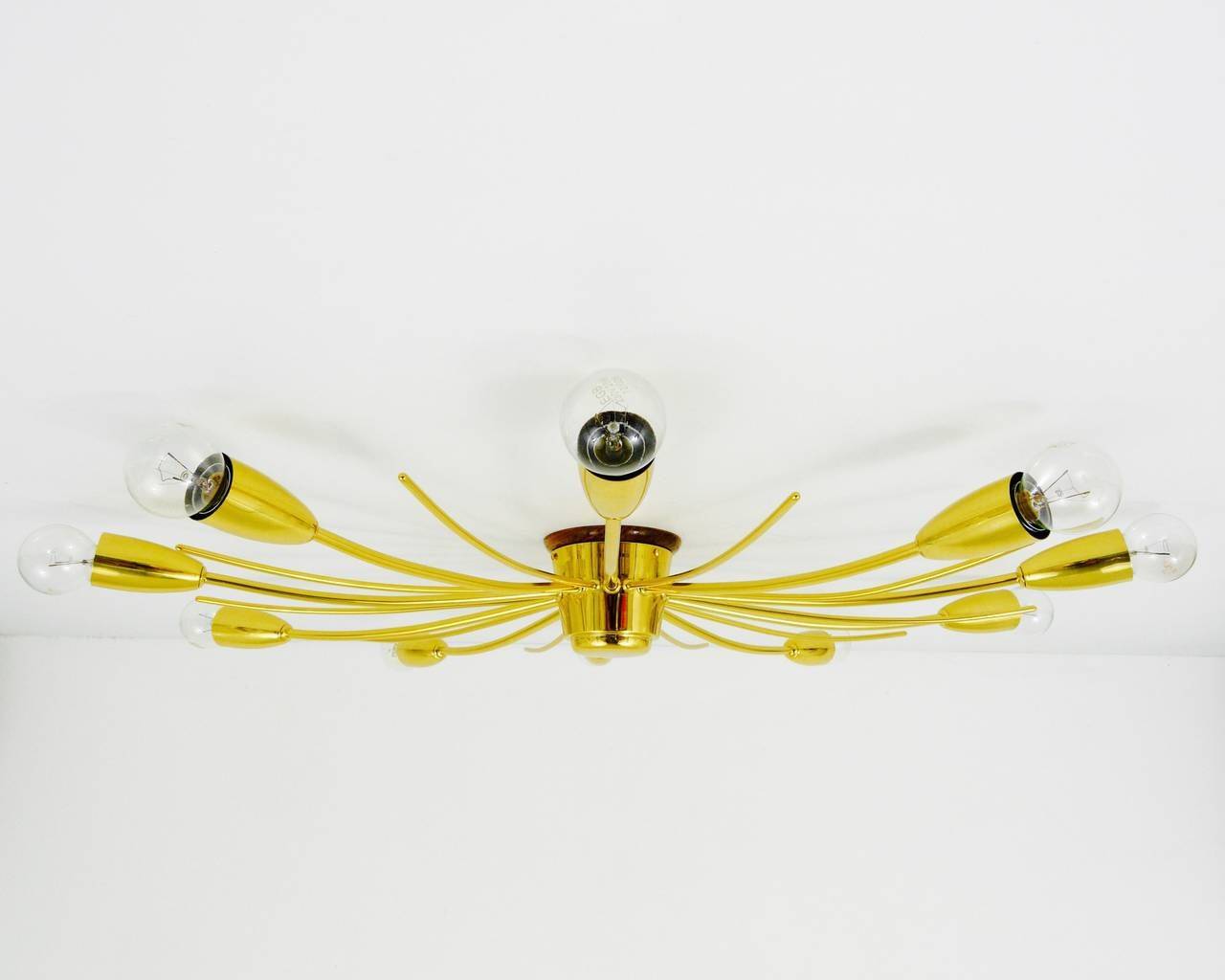 Large brass spider chandelier sun J.T. Kalmar Sonne, flush mount, Austria, 1950s