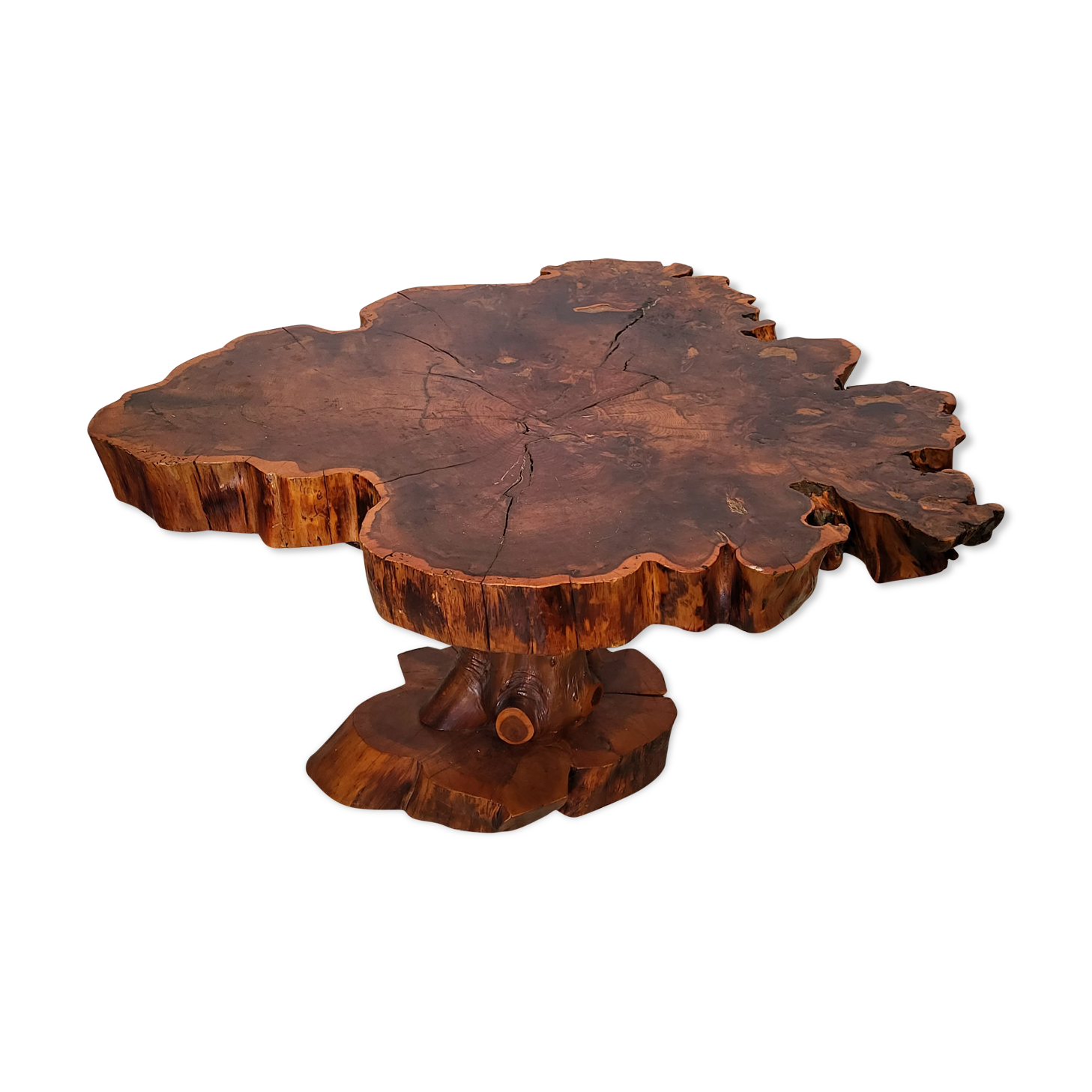 Brutalist table trunk old elm magnifying glass