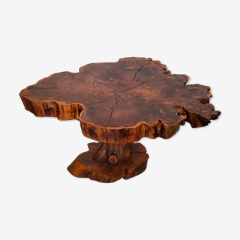 Brutalist table trunk old elm magnifying glass