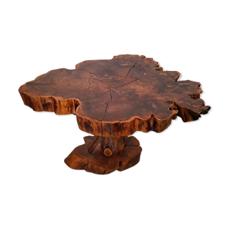 Brutalist table trunk old elm magnifying glass
