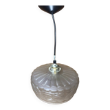 Ancienne Suspension Verre Moulé Transparent + Support Laiton Vintage