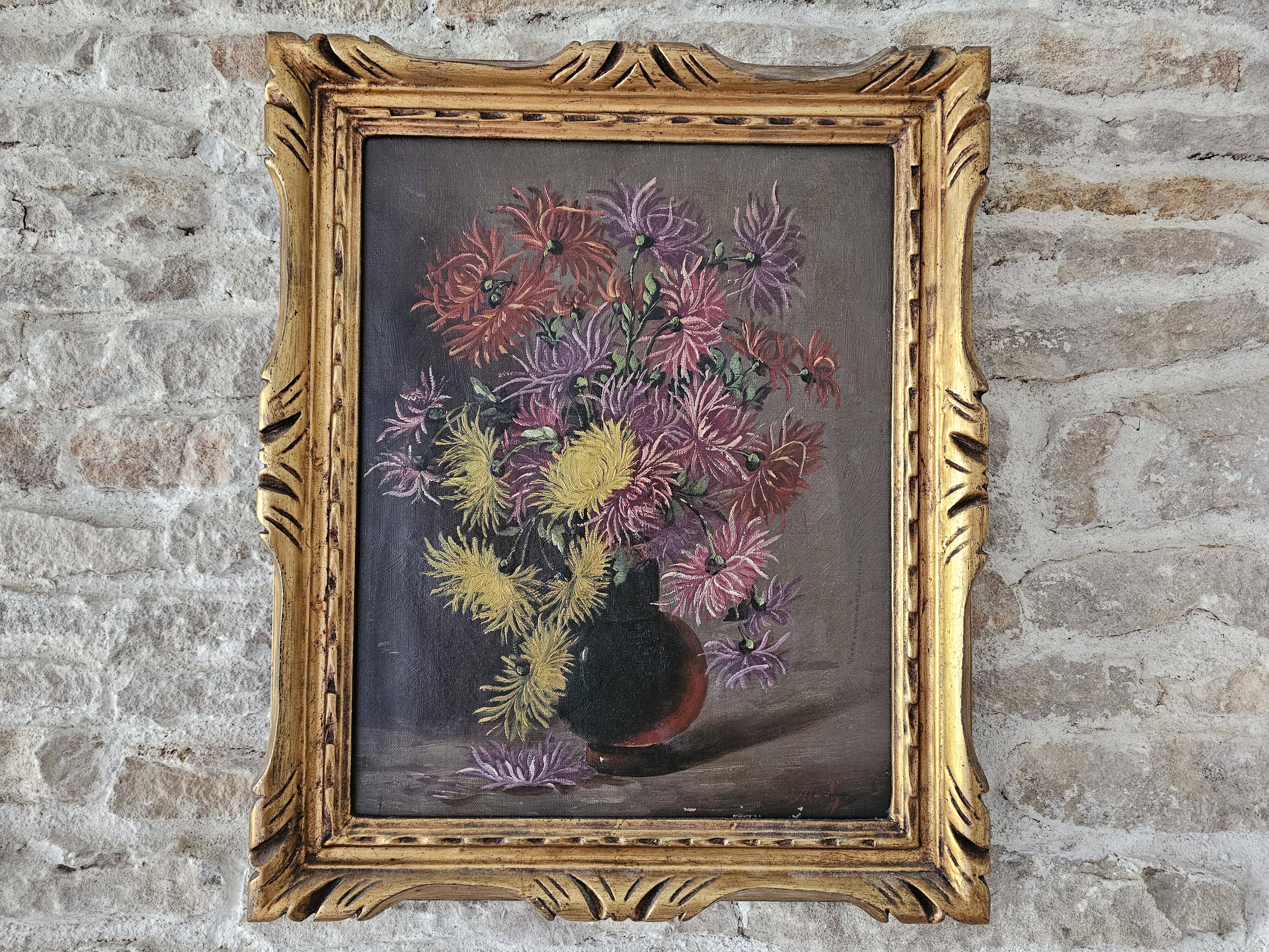 Old Oil on Canvas Painting - Still Life with Bouquet Signed M. G.