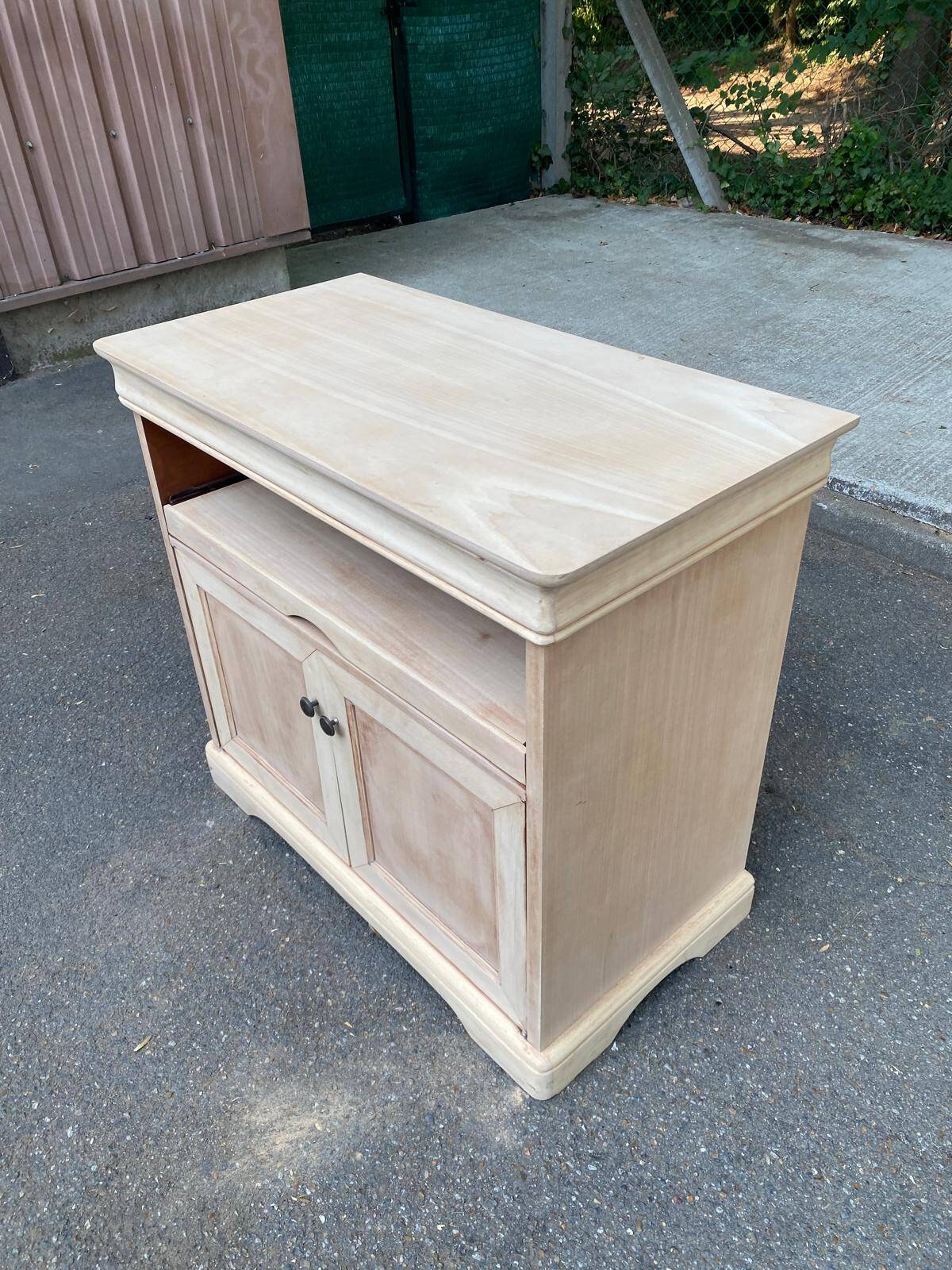 Louis Philippe buffet with 2 doors, stripped raw wood TV unit.