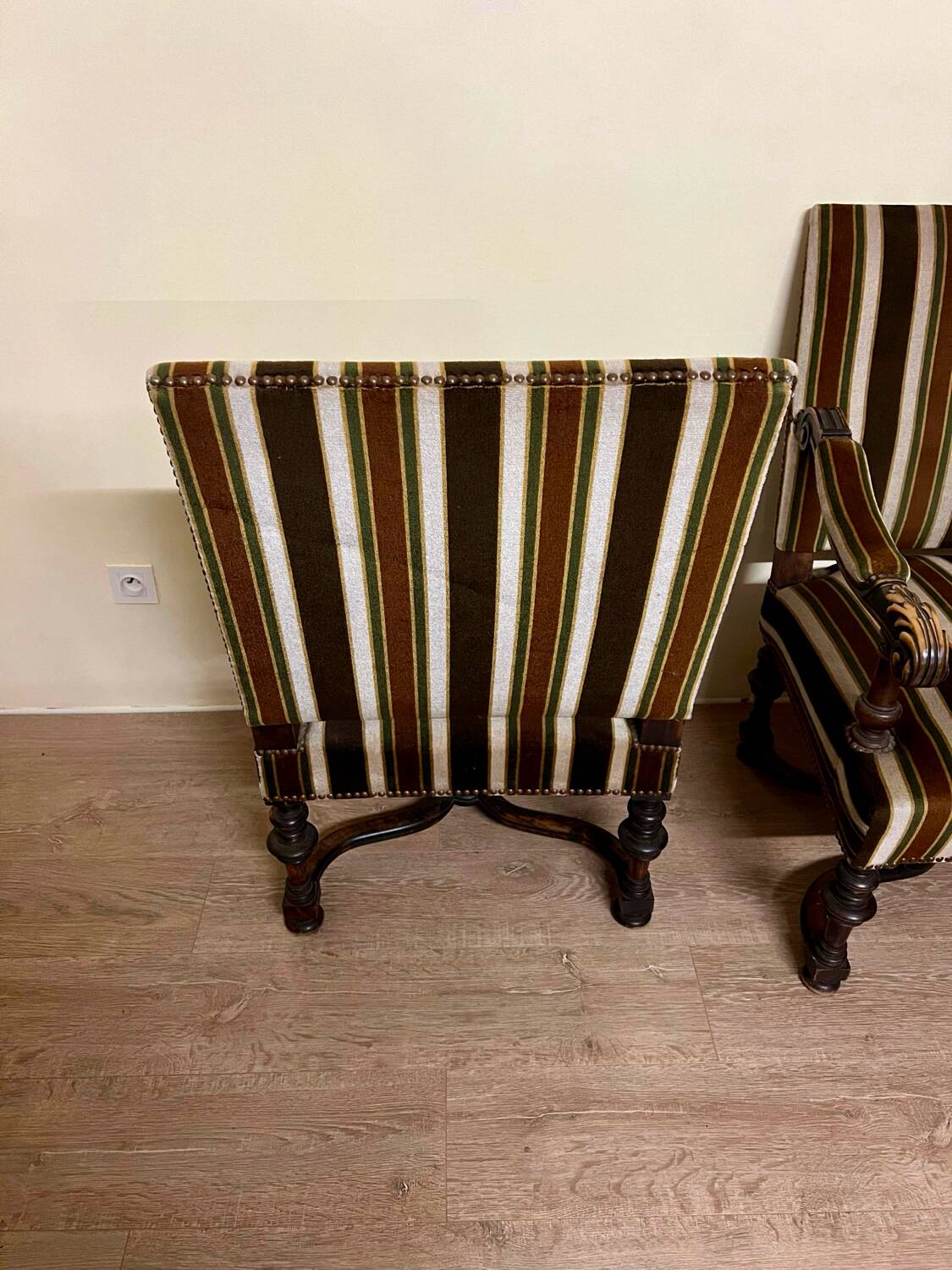 Large pair of Louis XIV style armchairs in walnut