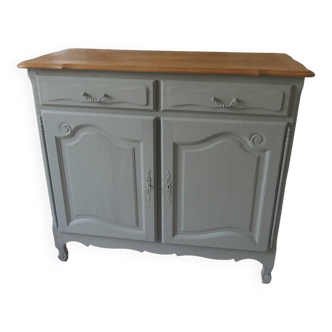 Well-made oak sideboard in Louis XV style re-enchanted in verdigris, wooden top.