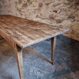 Antique French pine dining table, large farmhouse table on wheels, 19th century.