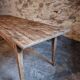Antique French pine dining table, large farmhouse table on wheels, 19th century.