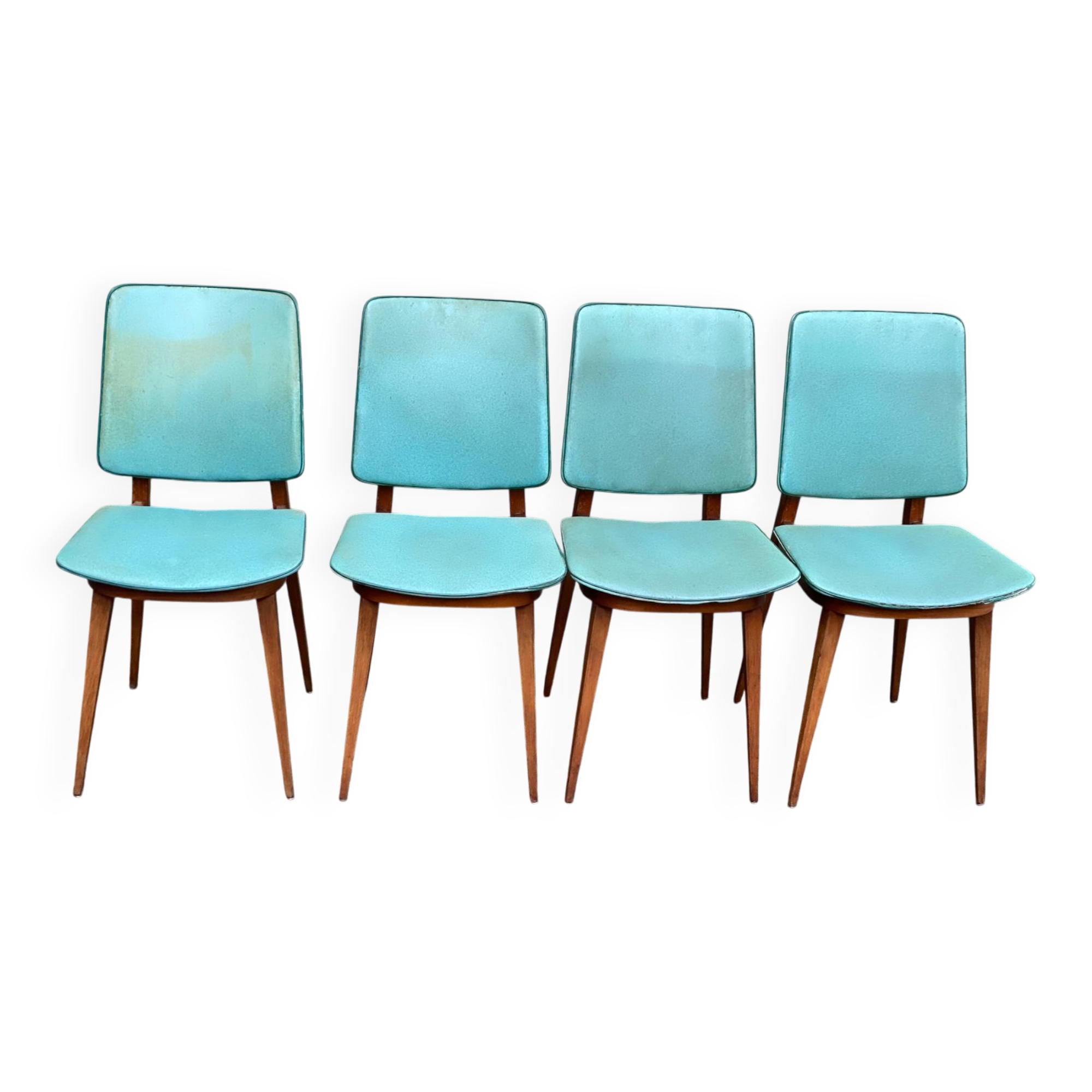 4 Scandinavian dining chairs in solid wood and blue-green leather from the 1950s.