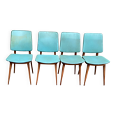 4 chaises à manger scandinaves en bois massif et cuir bleu-vert années 50