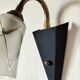 1950s wall lamp, metal, flexible brass stem and opaque shade.