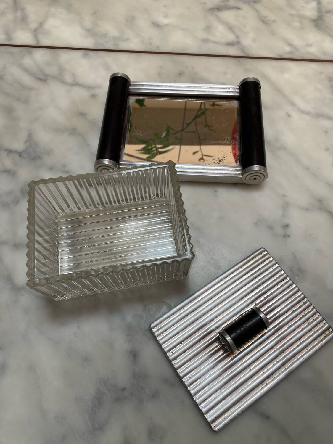 Art Deco box, 1920s metal, wood and glass
