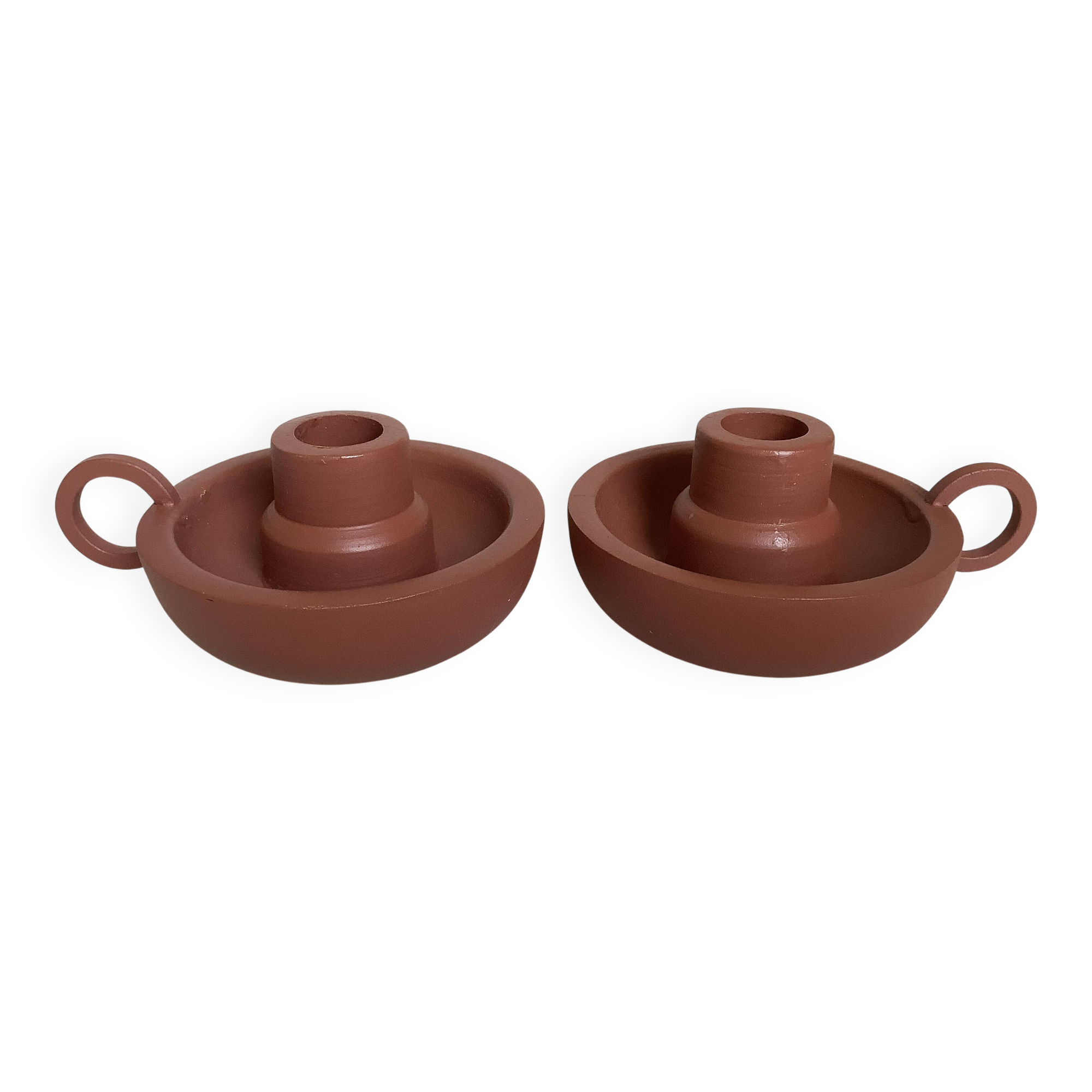 Pair of matte brown ceramic cellar rat candlesticks