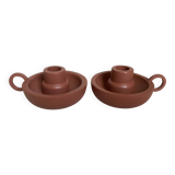 Pair of matte brown ceramic cellar rat candlesticks