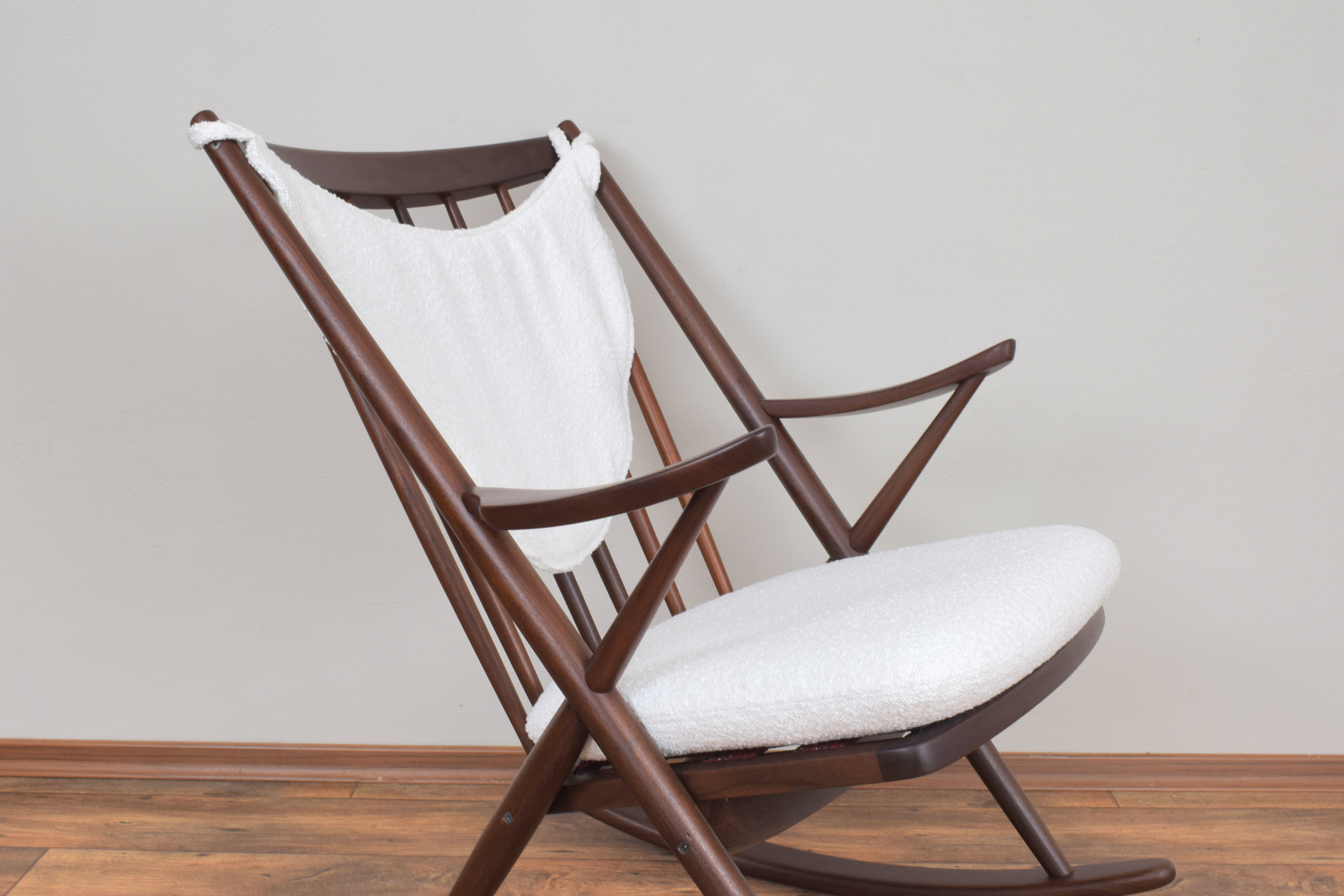Danish teak & boucle rocking chair by Frank Reenskaug for Bramin